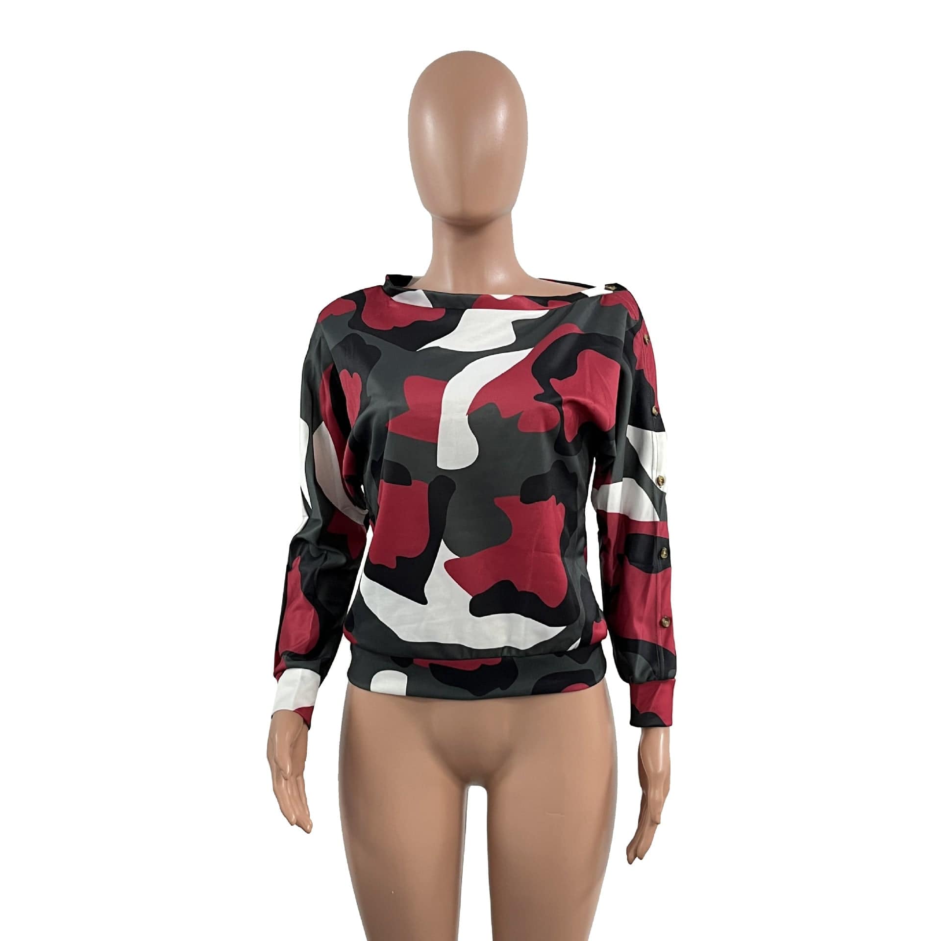 XL / Red Z73408 Fashion Camouflage Print Long Sleeve top Casual women spring loose Skew Collar Off Shoulder T Shirts