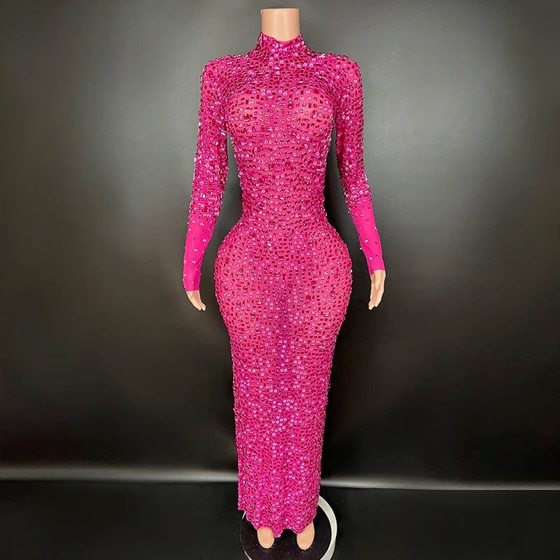 XL / rose red Novance Y2507-LSB Casual Dresses Elegant Formal Fashion Latest Dinner Gown Celebrity Luxury See Through Clothes With Rhinestones