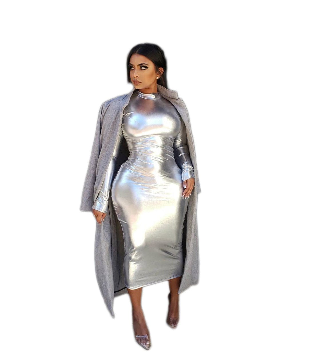 XL / Silver MK2049 Stand collar long sleeved shiny micro elastic nightclub tight sexy midi dress women