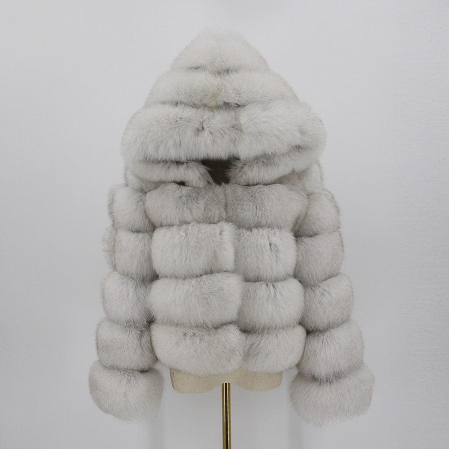 XL / stone QIUCHEN QC20110 Fashion Winter Warm Fluffy Fur Jacket Women Genuine Hooded Real Fox Coat