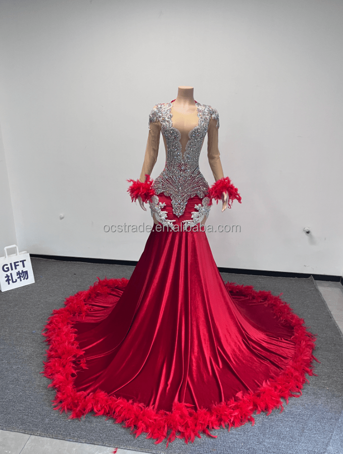 XL / TH23022009silver AB/red train Ocstrade Custom Made Feather Sleeve Rhinestone Puffy Ball Gown Red Prom Dresses 2023 Elegant Vestido Evening Dresses Women Long