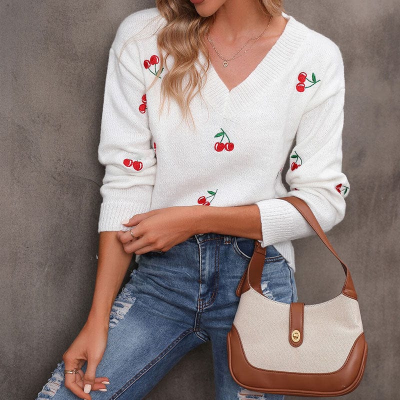 XL / White Cross-Border Autumn Winter New Loose Casual Sweater Cherry Embroidery V-Neck Pullover Women