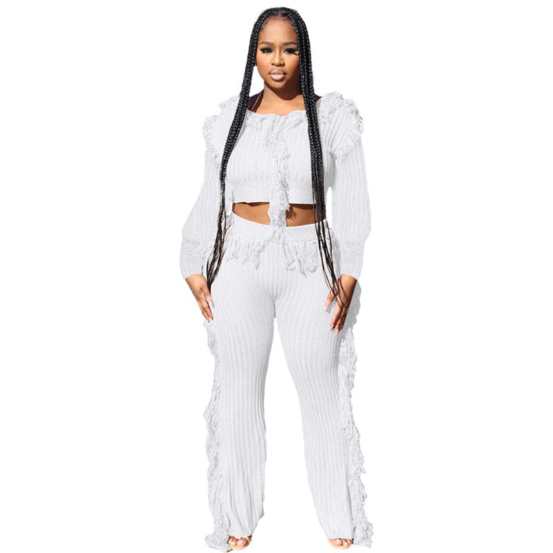 XL / White high quality fall 2022 autumn ladies women knitted crew neck 2 piece fringe tassel cropped sweater and pants two piece set women