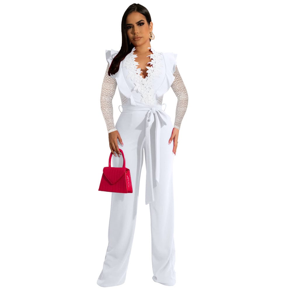 XL / White Latest Products Fall 2022 Women Clothes Elegant V Neck Slim Fit Lace Patchwork Long Sleeve Jumpsuit Long Women Jumpsuit