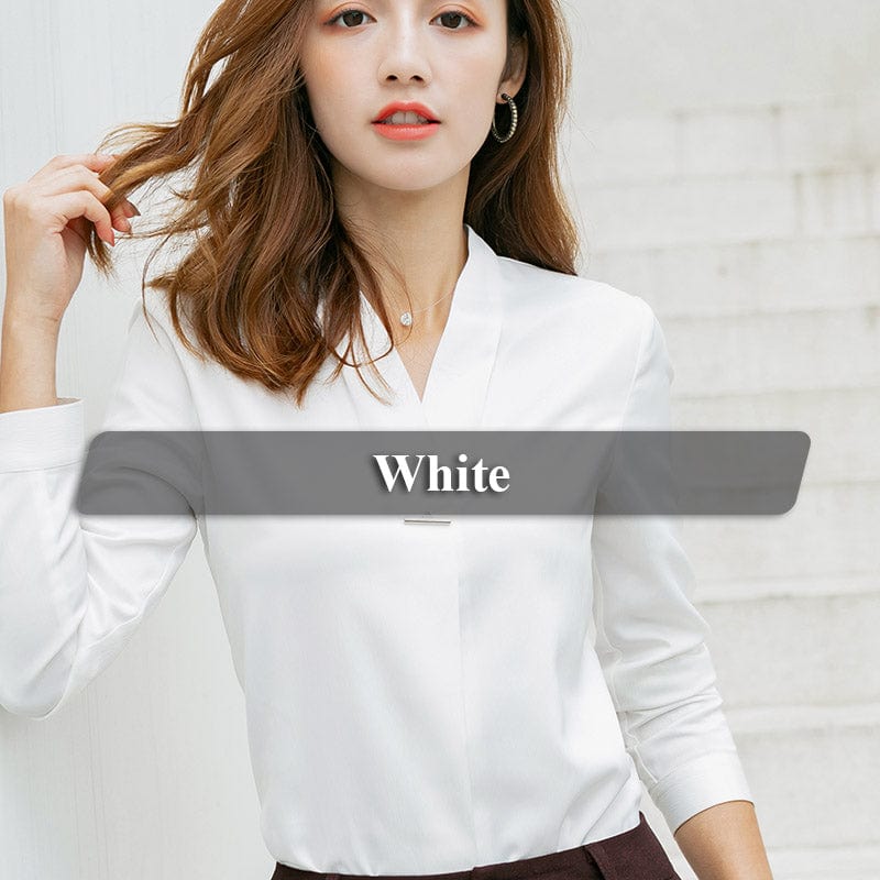 XL / White OEM Satin New Fabric High-quality V-Neck Shirt for Women Blouse Elegant Tops Female Full-Sleeve Office Lady Work Wear