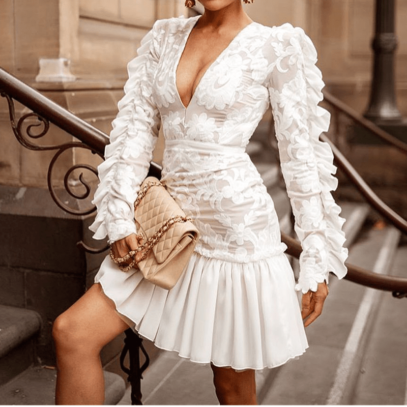 XL / White Sexy Bodycon V-neck Lace Ruffle Short White Pleated Women Club Dresses