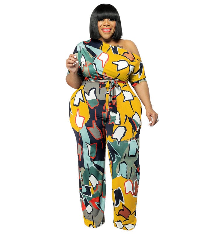 XL / Yellow Amazon New Big Size 3XL 4XL 5XL Summer New Slanted Shoulder Printed Loose Jumpsuit with Belt