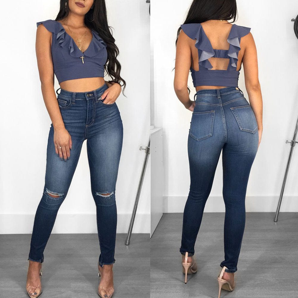 XL / YP-  6027 AIPA 2022 New Style Jeans Ripped Mid Waisted Straight Leg Casual Style For Women Jeans