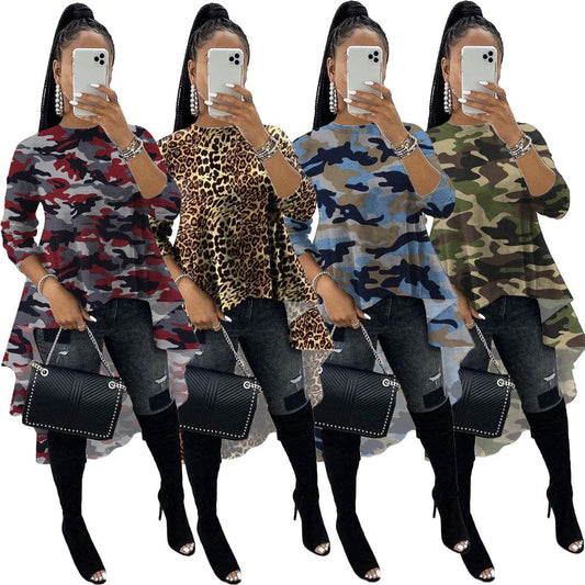 XMY9219 print stitching casual fall winter big swing fashion t shirt top long sleeve camo women leopard stripe tshirt