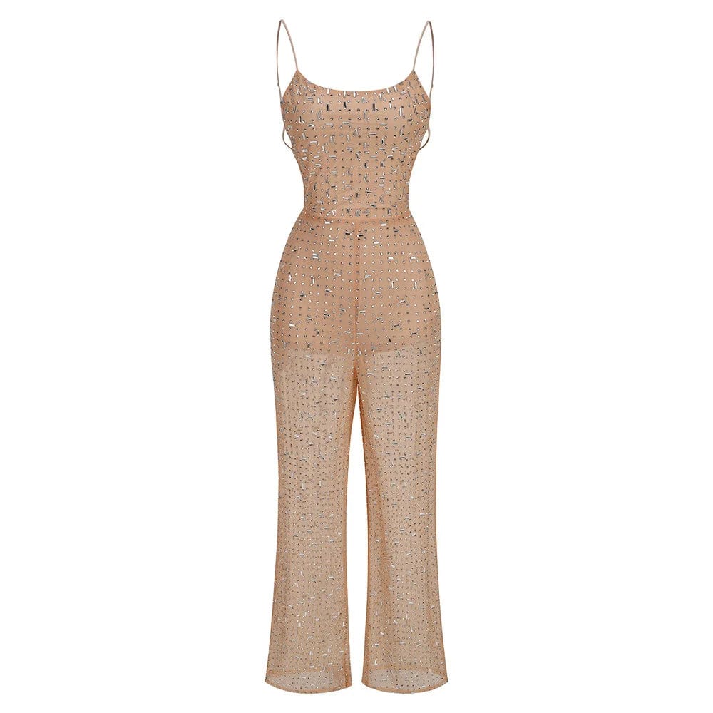 XS / Beige OUDINA 2024 New Arrivals Spring Elegant Sleeveless Sequin Diamond Jumpsuits Mesh Jumpsuit For Women