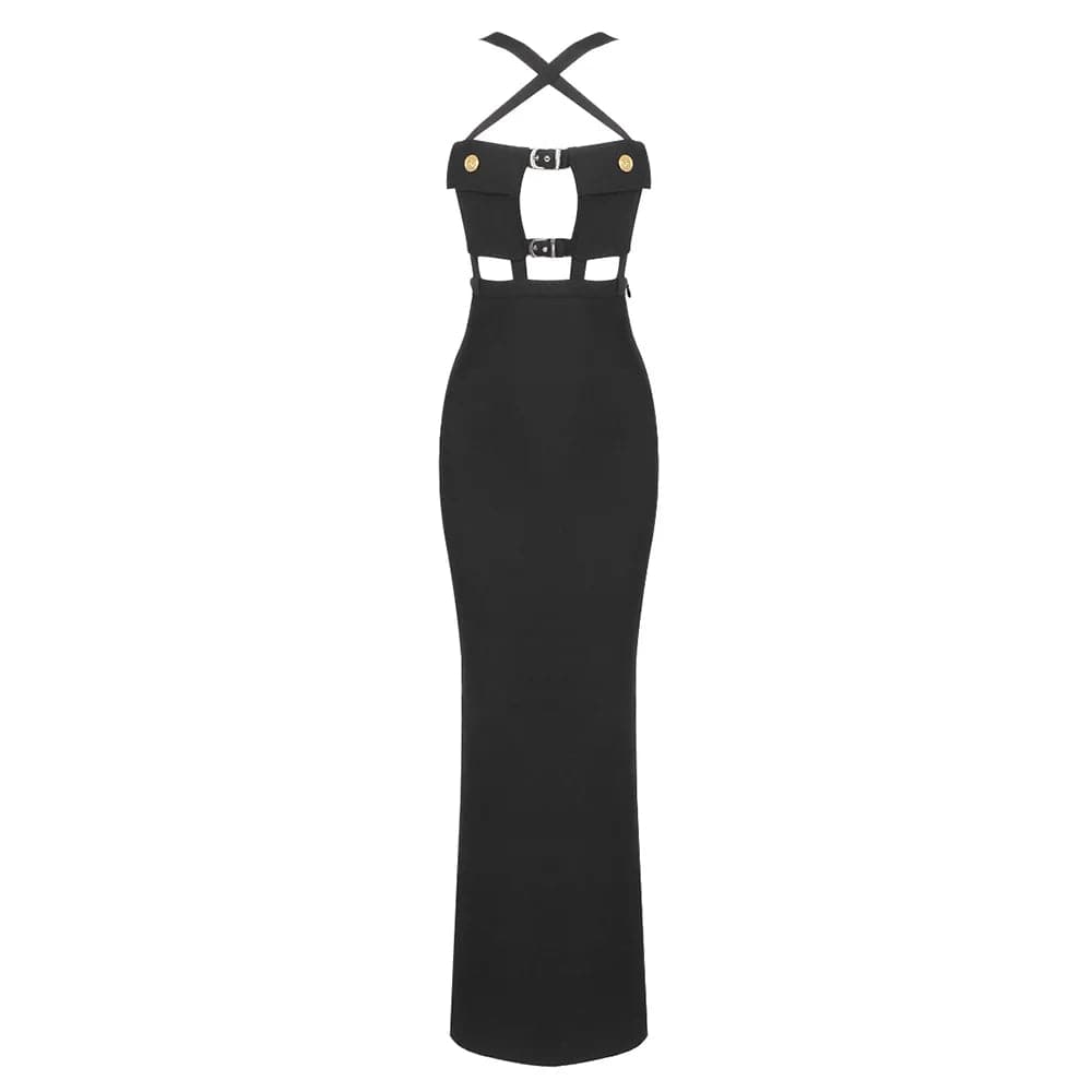 XS / Black OUDINA 2024 Ladies Suspender Cross Halter Pocket Elastic Bandage Women's Evening Dresses Elegant Long Dress For Women