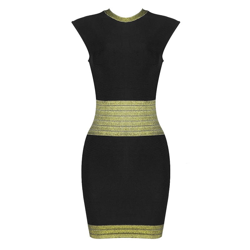 XS / Black OUDINA New Luxury Round Neck Bronzing Pattern Nightclub Dresses Mini Sleeveless Bandage Dress