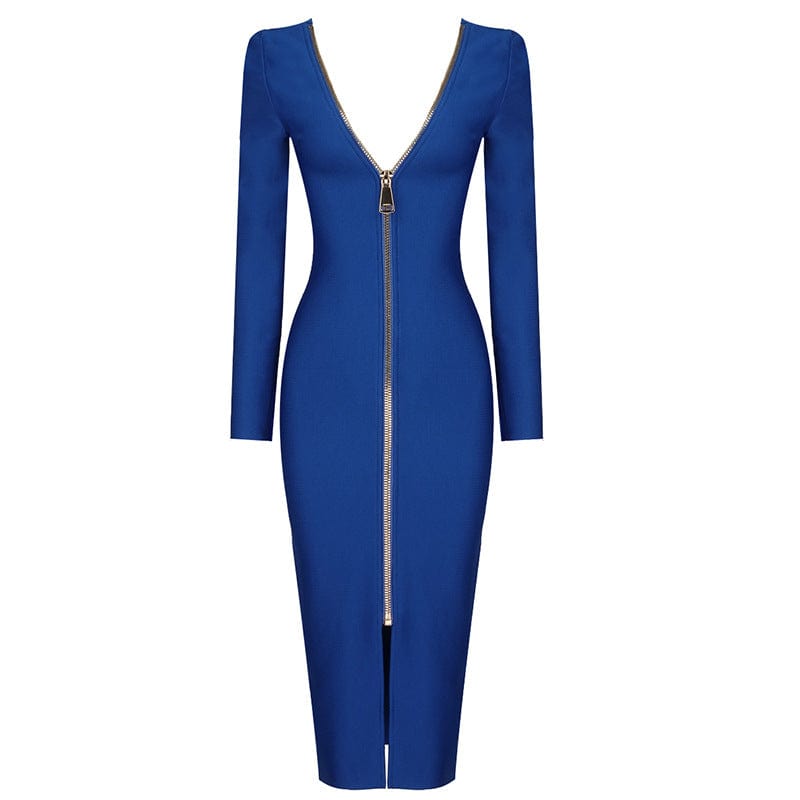 XS / Blue OUDINA Fashion Elegant Casual Zipper Female Evening Dress Women's Ladies Long Sleeve Bodycon Long Bandage