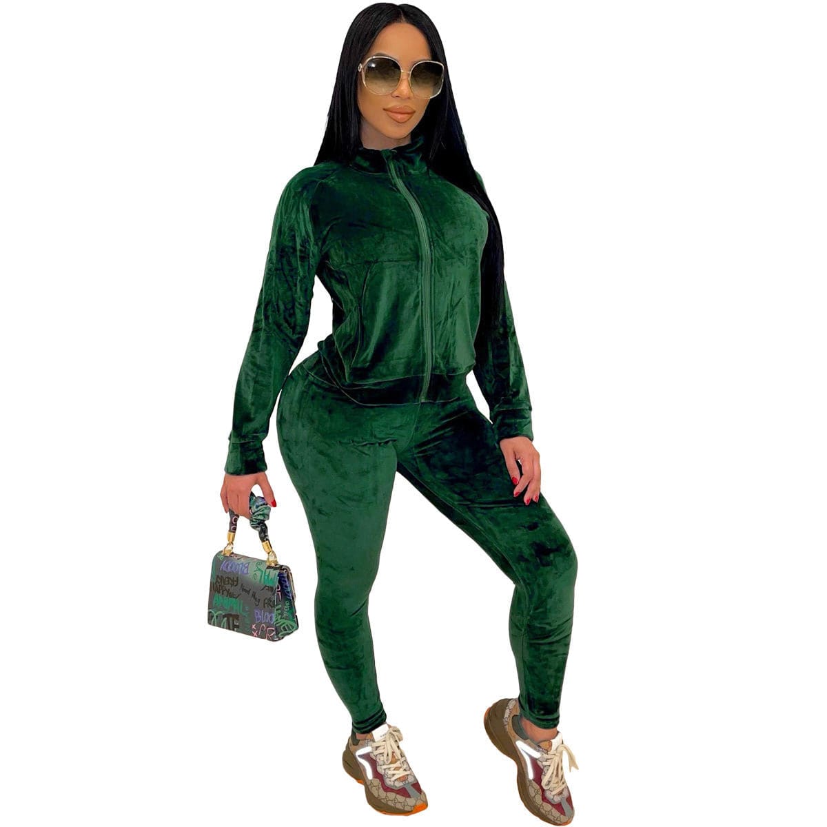 XS / Dark grenn New Years 2023 New Arrivals Velvet Fabric Long Sleeve Zipper Blank Ladies Custom Velour Tracksuit 2 Piece Jogger Set Women