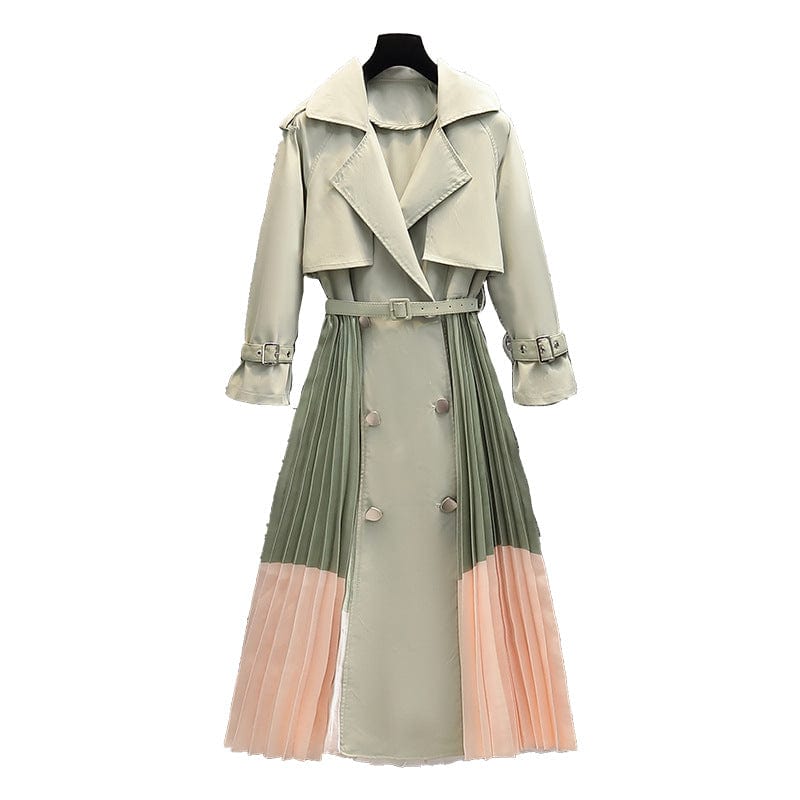 XXL / green GetSpring Women Trench Coat Full Sleeve Patchwork Pleated Windbreaker Double Breasted Belt Loose Long Overcoat Autumn 2022 New