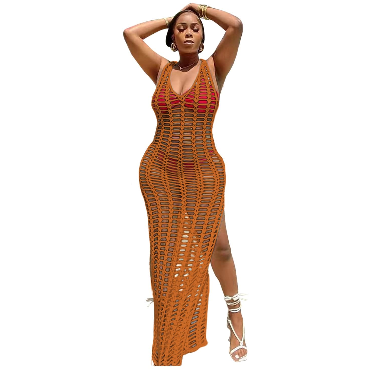 XXL / Orange New Style Fringe Hollow Out Swimwear Siamese Swimming Costume Women Cover UP Bathing Suits swimdress Tassel Swimwear