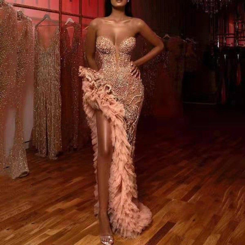 XXL / Pink New women clothing sexy sleeveless sequined tube top with tassel tail prom dresses party maxi sequin evening dress