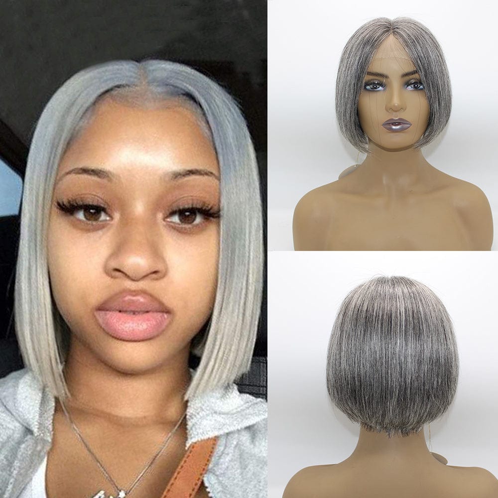 YBR Wholesale Brazilian Hair Virgin Human Hair T Part Lace Front Wigs 13x1x4 Swiss Lace Short Gray Bob Wig Silky Straight Wigs