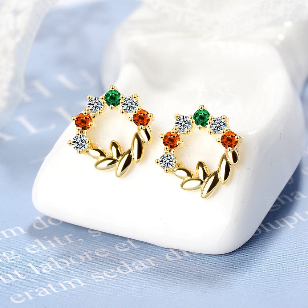 Yellow Gold Hollow Circle Leaves Zircon Stud Earrings Women Fashion Party Girl Jewelry Gift