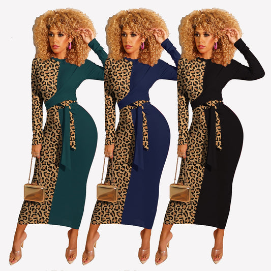 YG8060 - women modern leopard patch long sleeve bandage maxi dress