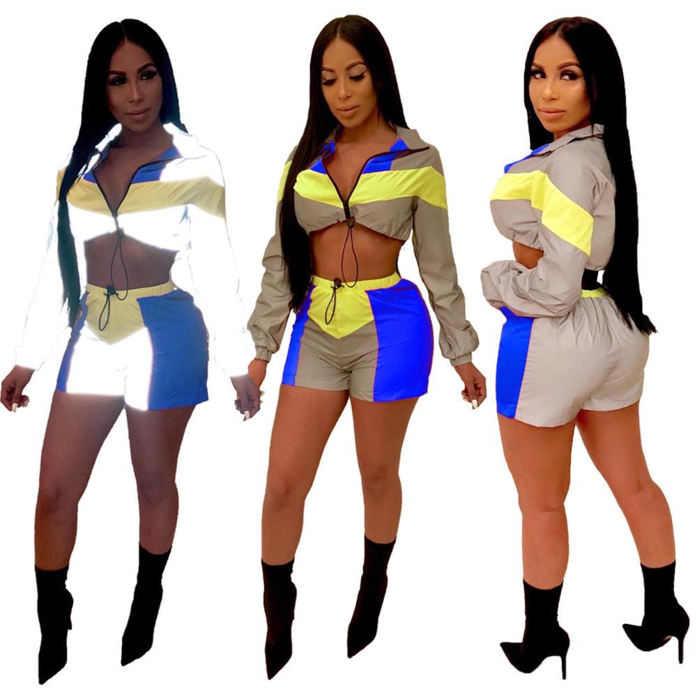 YH trendy JA079 latest fashion reflective shorts and top two piece set women clothing