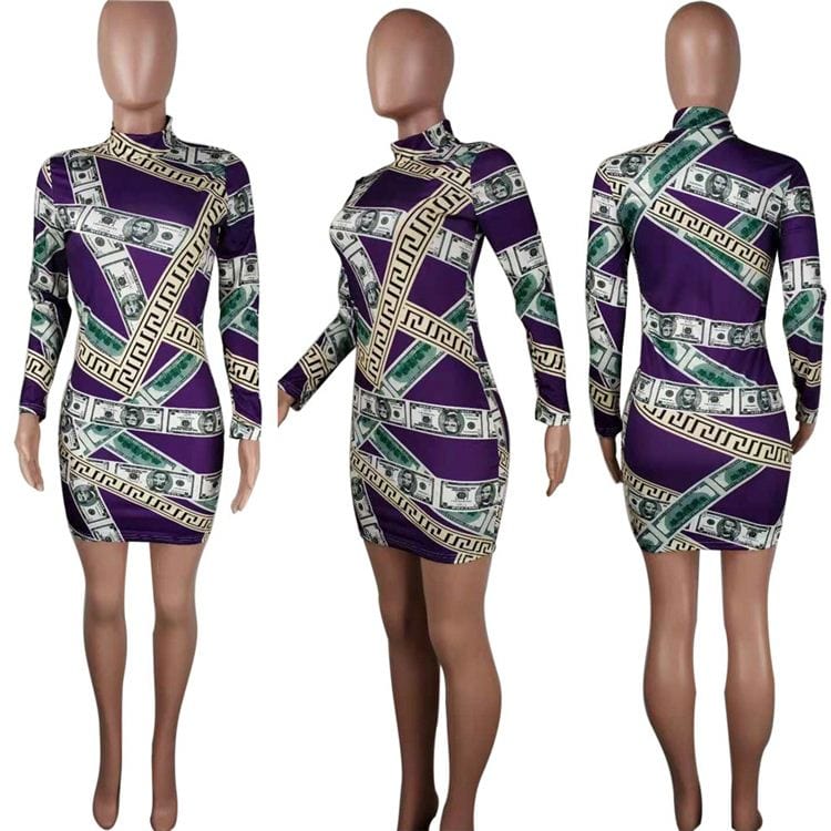 YH0600 wholesale price slimming pattern print wrap hip long sleeve women fashion purple mini dress