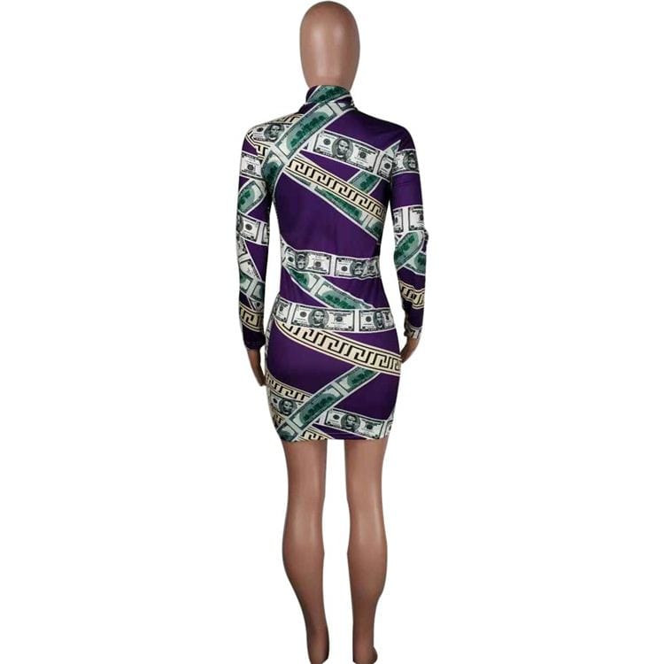 YH0600 wholesale price slimming pattern print wrap hip long sleeve women fashion purple mini dress