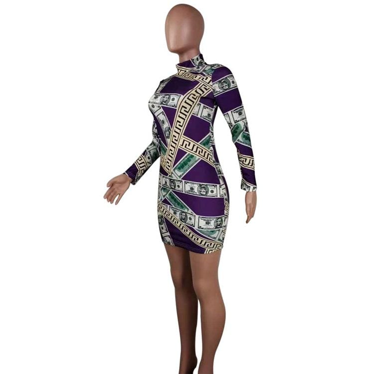 YH0600 wholesale price slimming pattern print wrap hip long sleeve women fashion purple mini dress