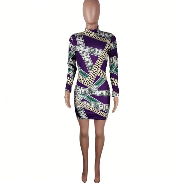 YH0600 wholesale price slimming pattern print wrap hip long sleeve women fashion purple mini dress