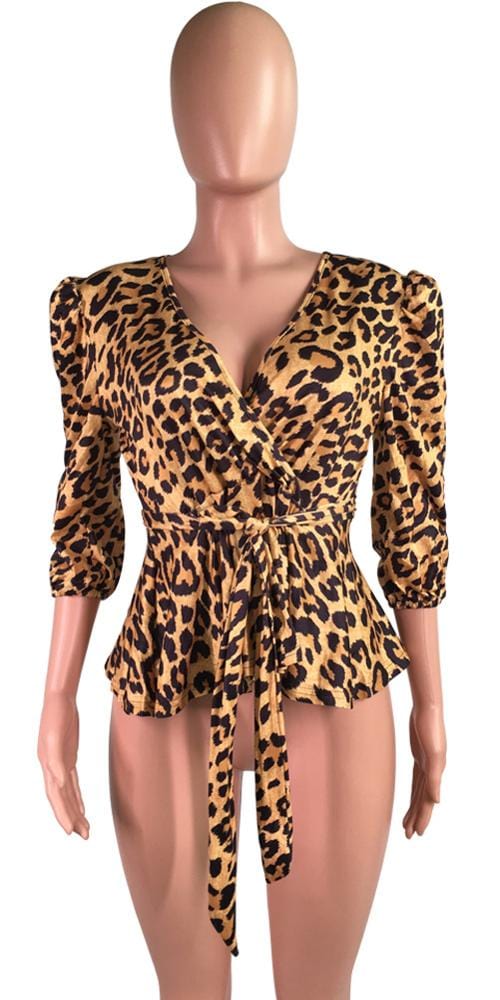 YK7090 - women stylish leopard print v neck t shirt