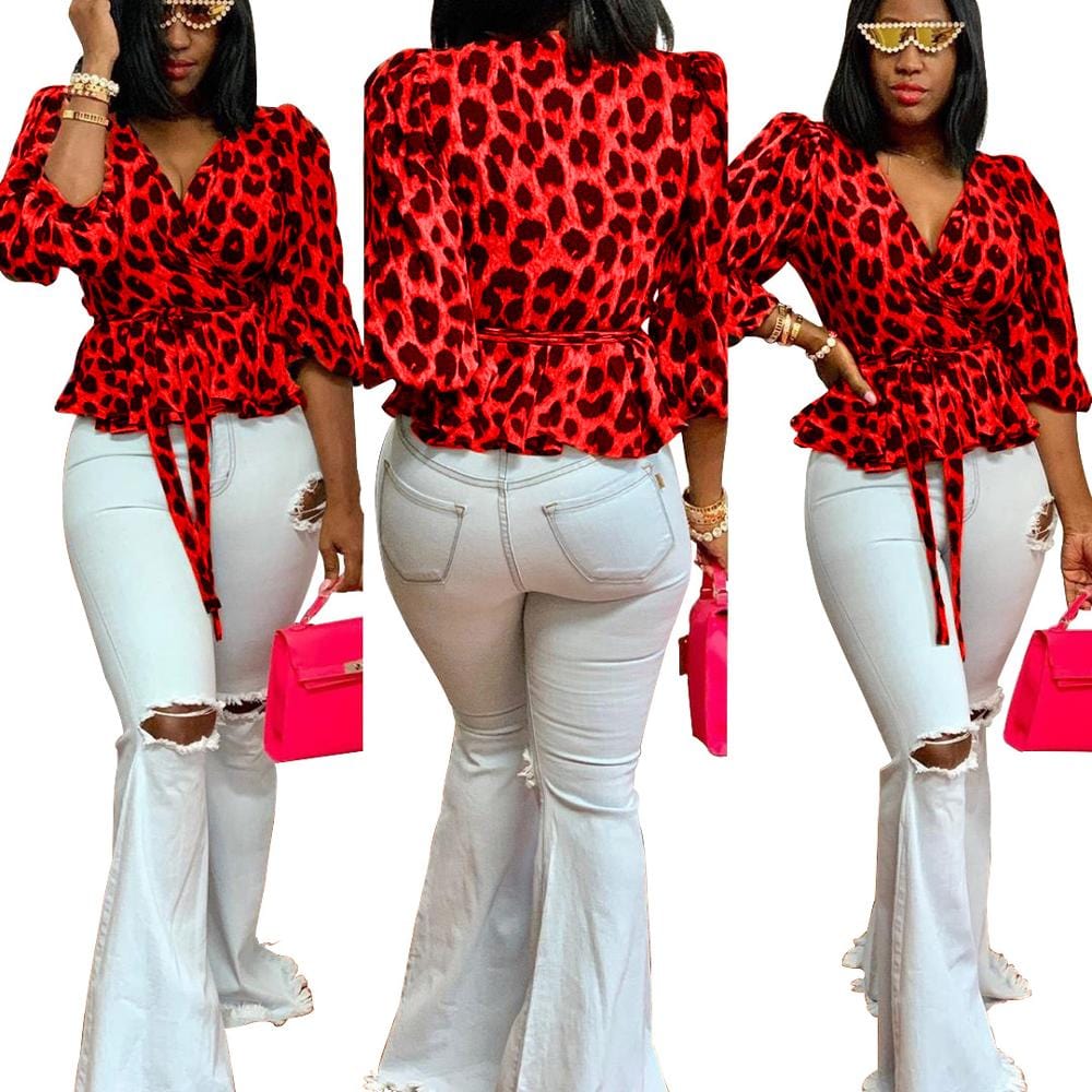 YK7090 - women stylish leopard print v neck t shirt