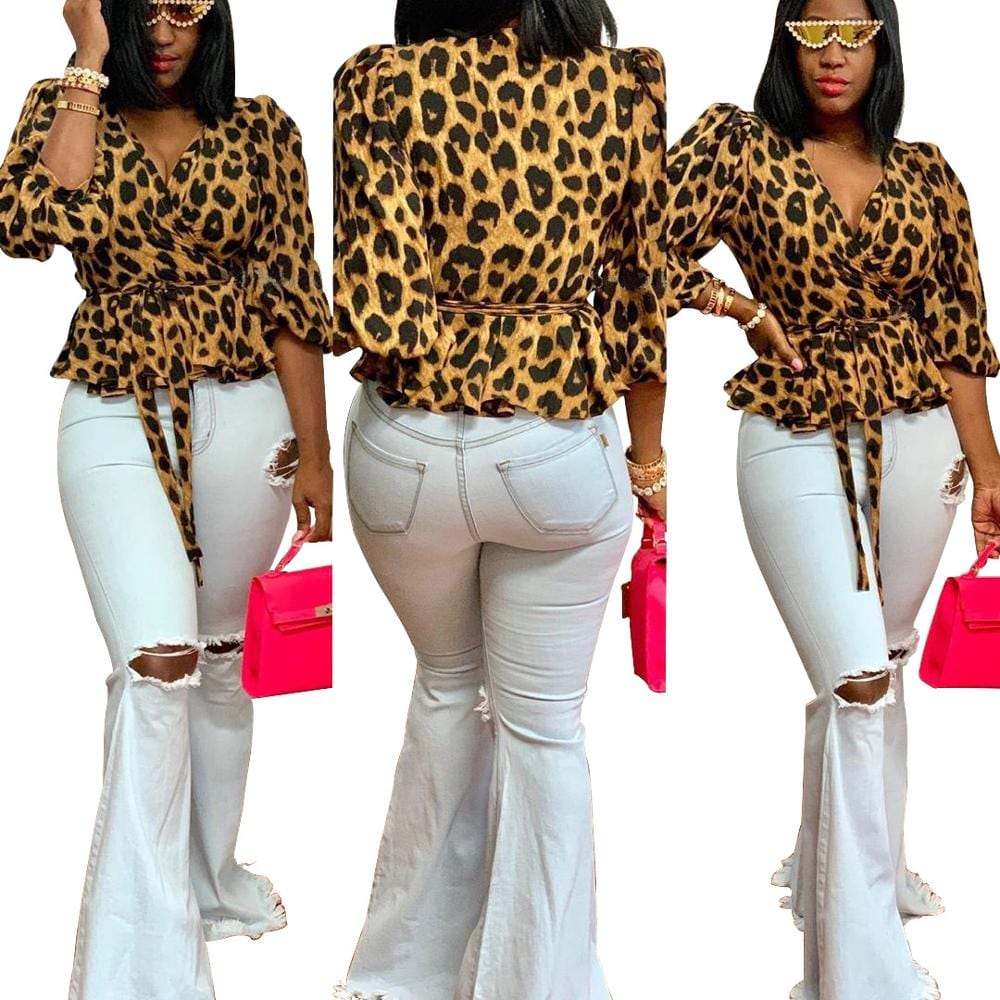 YK7090 - women stylish leopard print v neck t shirt