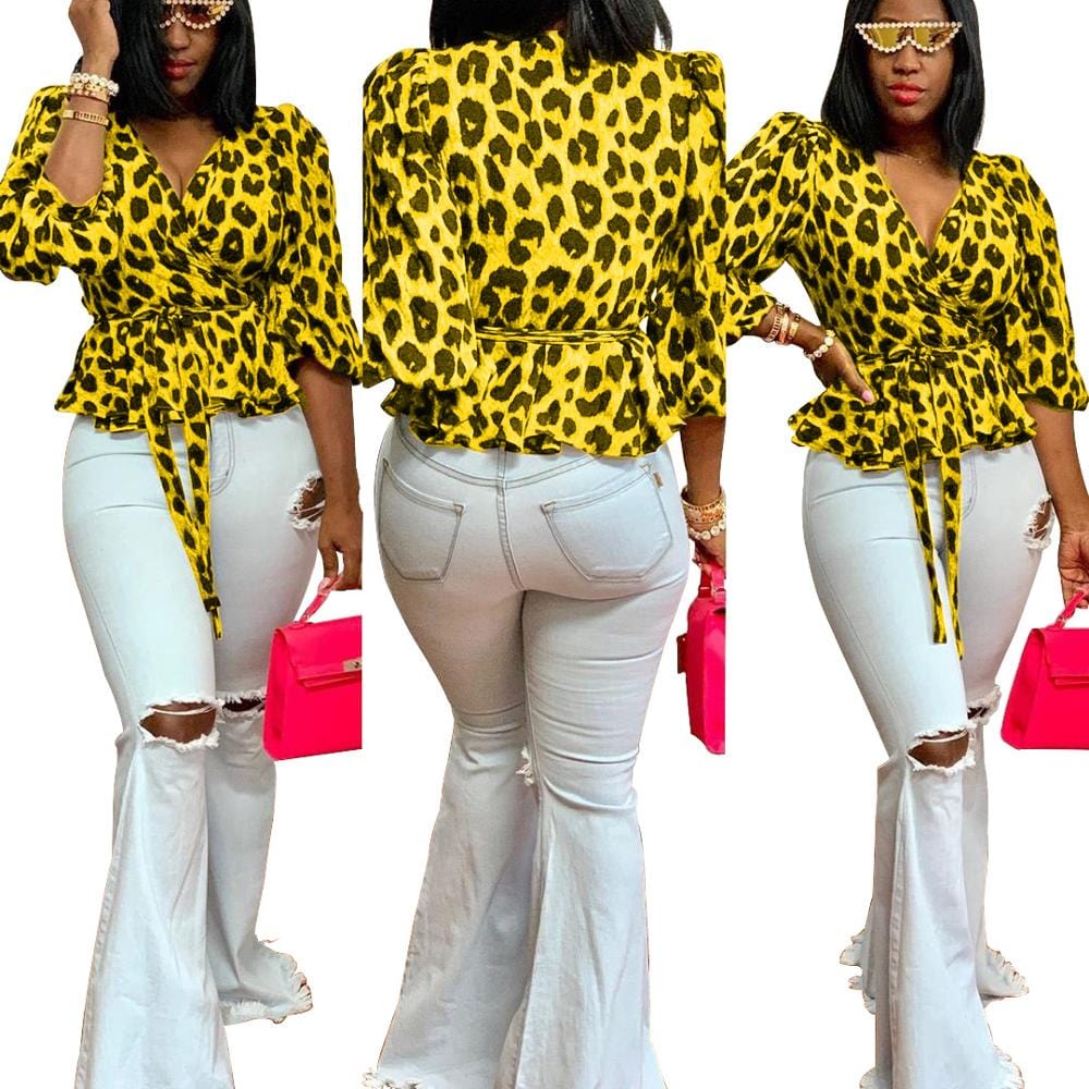 YK7090 - women stylish leopard print v neck t shirt