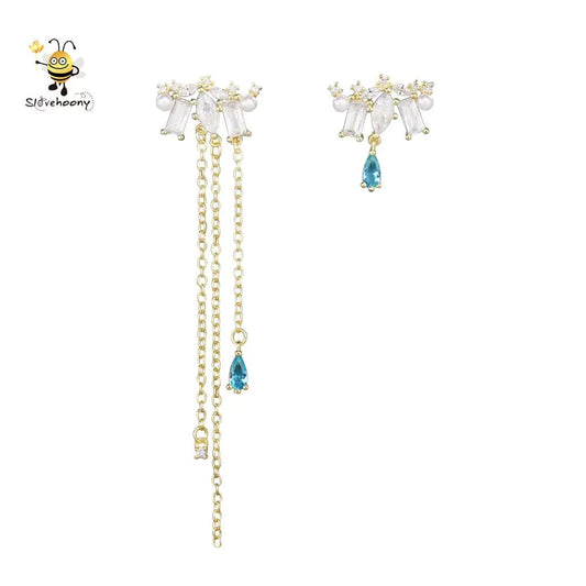 YYE349 (2) Fashion 100% 925 Sterling Silver White Baguette Stone Chain Tassel Drop Earrings With Blue Water Drop Asymmetric Earring