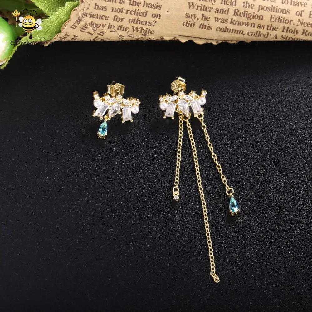 YYE349 (2) Fashion 100% 925 Sterling Silver White Baguette Stone Chain Tassel Drop Earrings With Blue Water Drop Asymmetric Earring