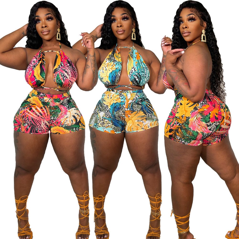 Z103071 Fashion Print short women Backless 2022 summer Halter two piece set