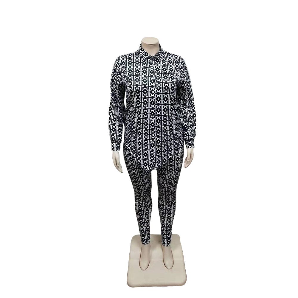 Z64236 Sexy Print Women Two Pieces Sets Plus Size Turndown Collar Long sleeve fall Suit