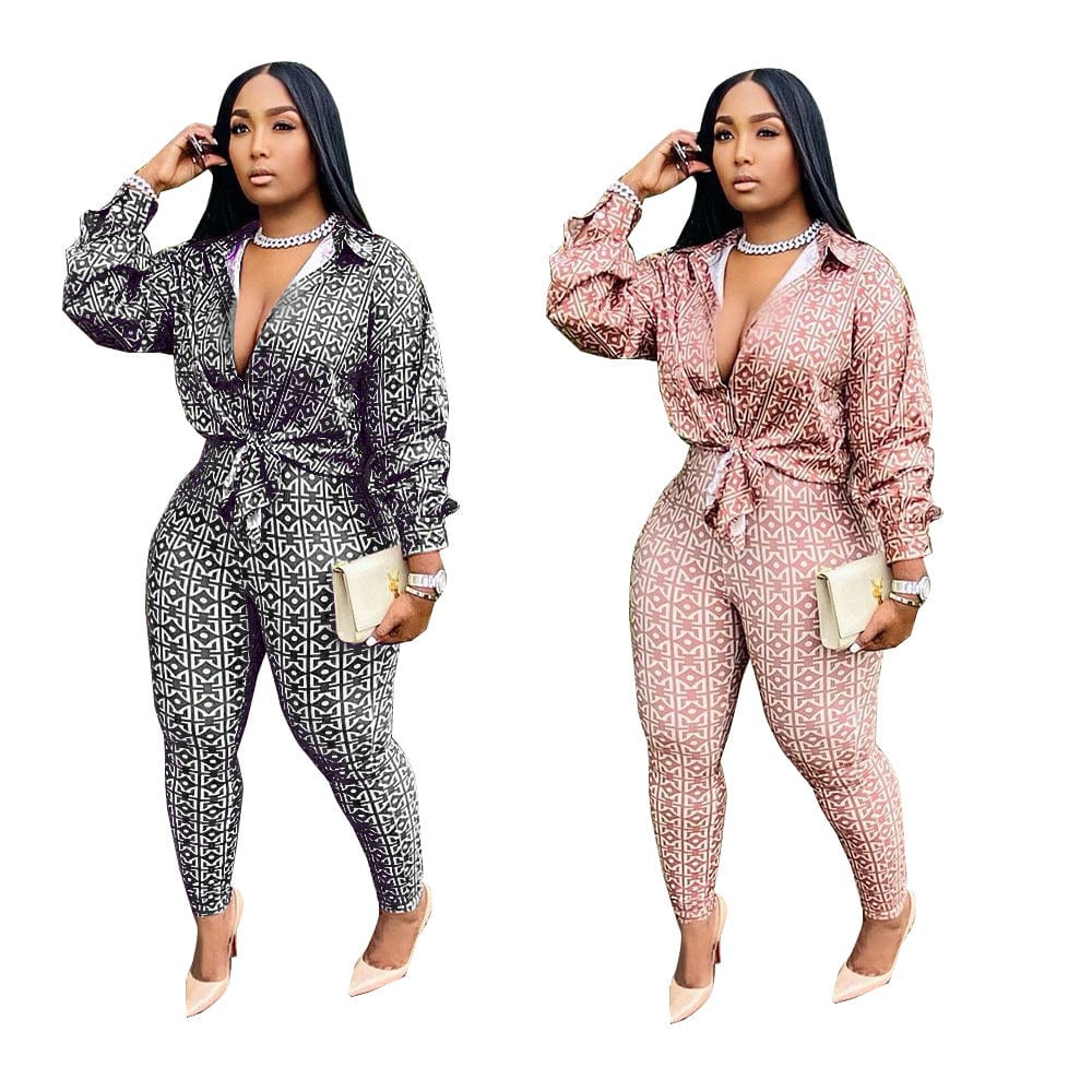 Z64236 Sexy Print Women Two Pieces Sets Plus Size Turndown Collar Long sleeve fall Suit