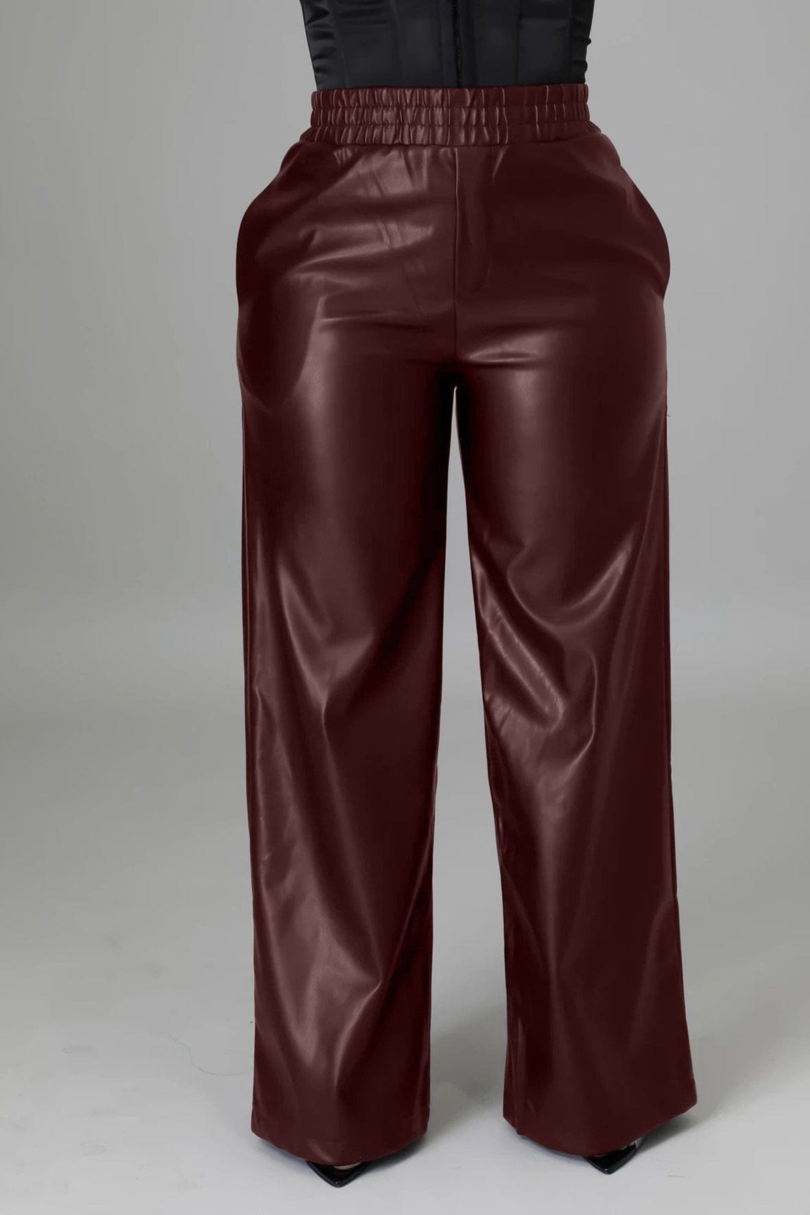 Z64370 Fashion Casual elastic PU leather High Waist Wide Leg pants Fall Women Trousers