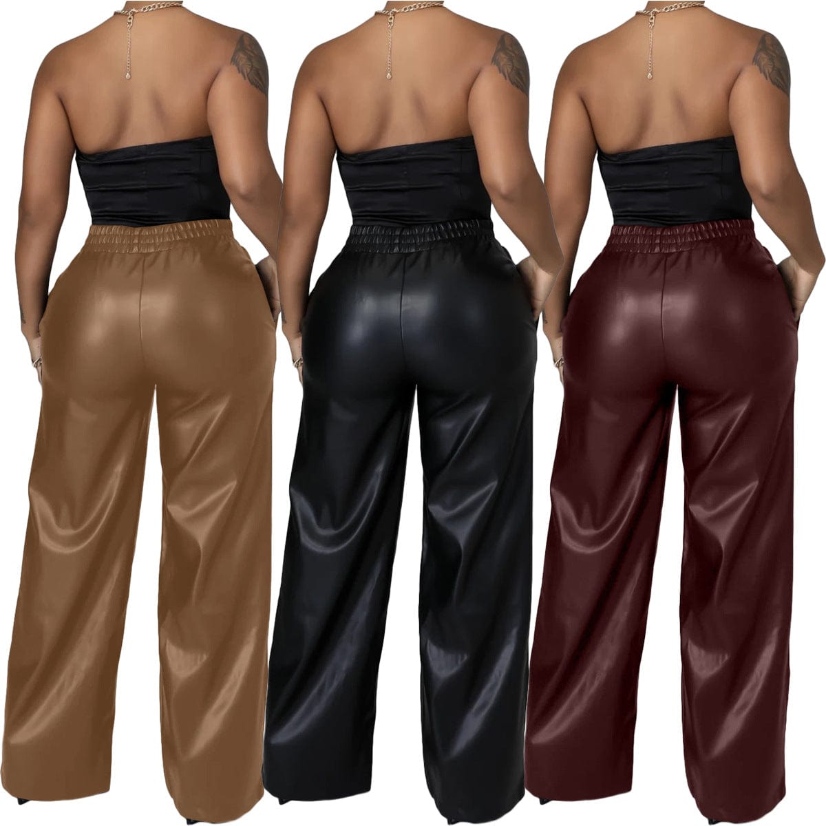 Z64370 Fashion Casual elastic PU leather High Waist Wide Leg pants Fall Women Trousers