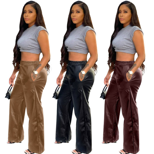 Z64370 Fashion Casual elastic PU leather High Waist Wide Leg pants Fall Women Trousers