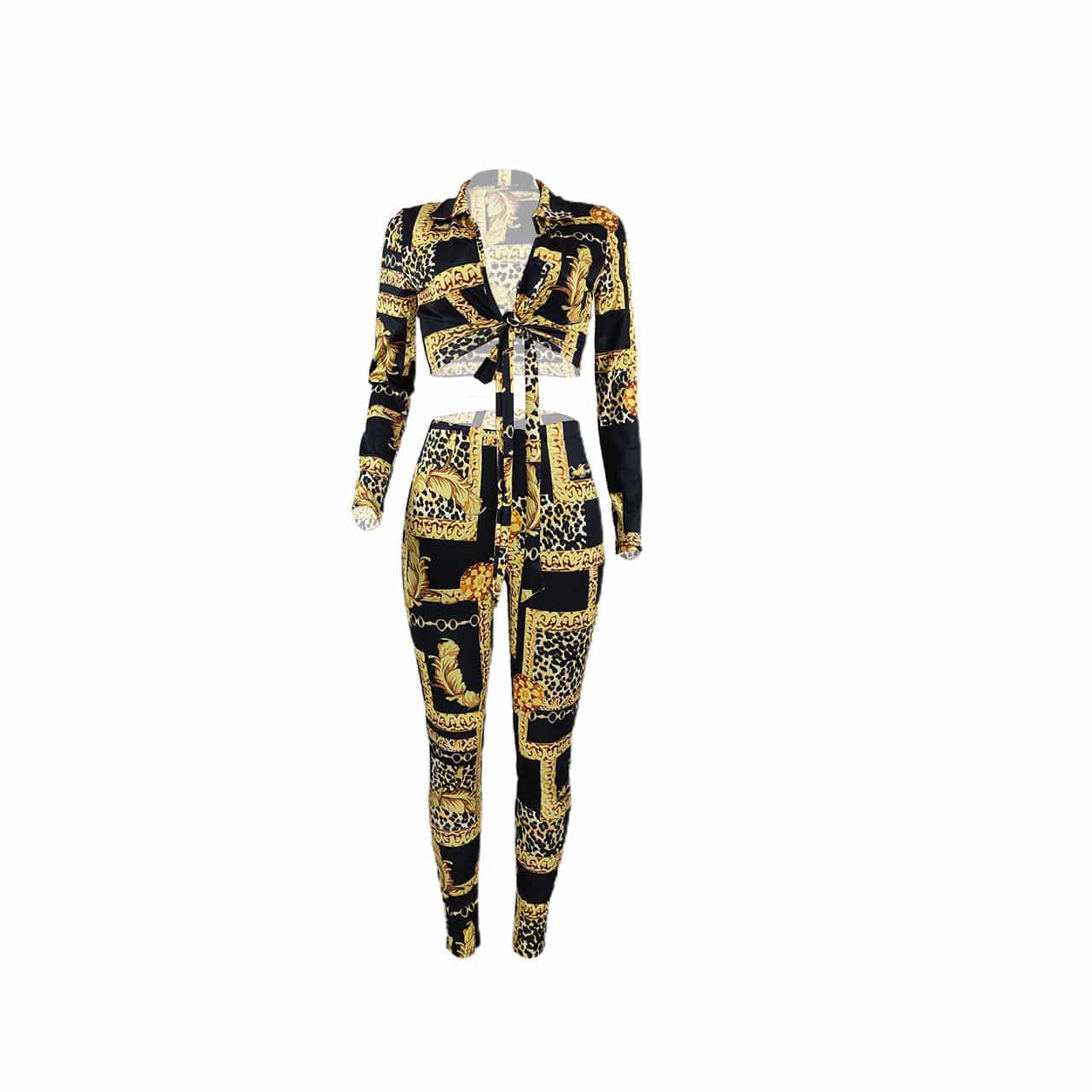 Z64629 Sexy Print Women Two Pieces SetsTurndown Collar Long sleeve fall Suit