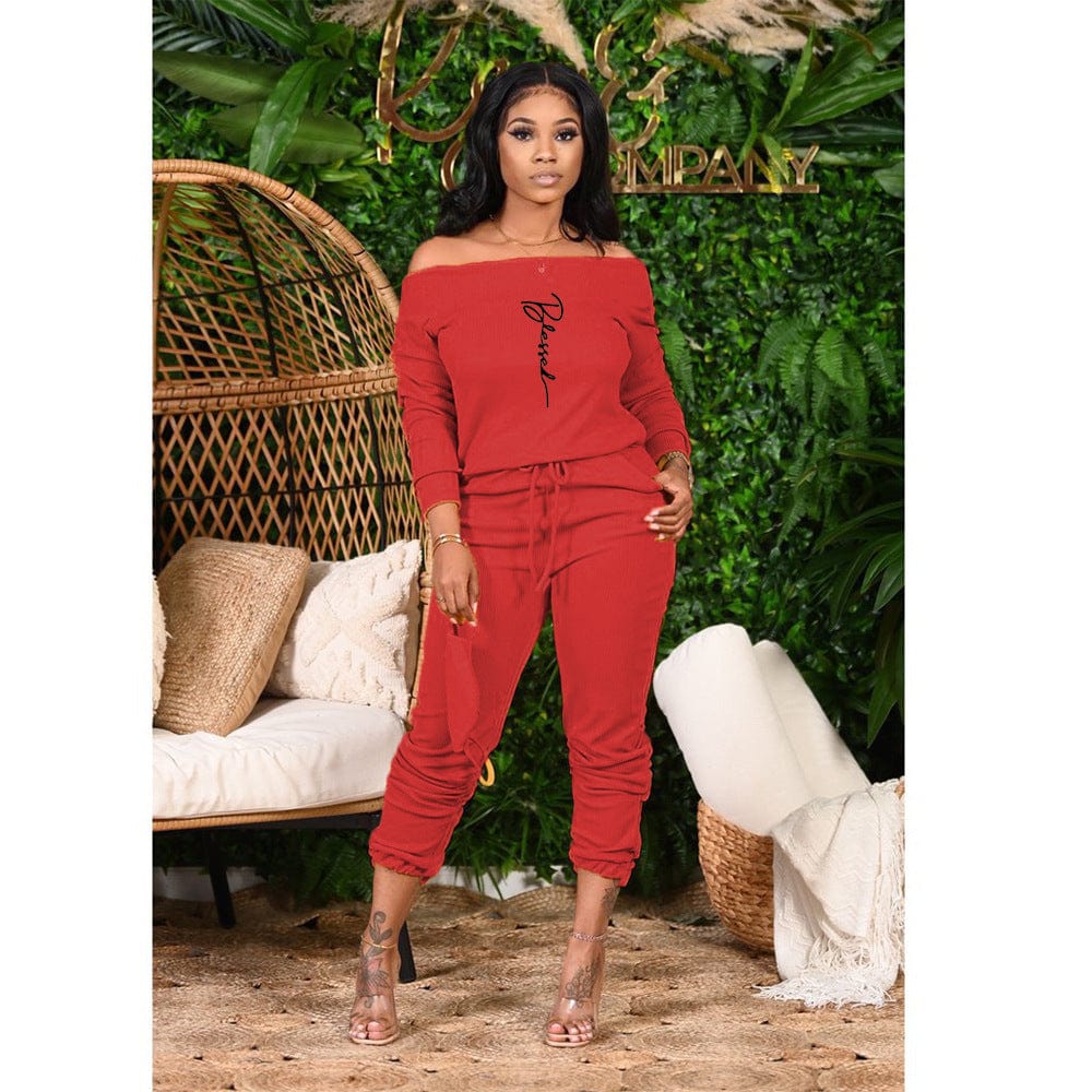 Z67972 Fall Fashion Off Shoulder women Casual Print two piece pants set