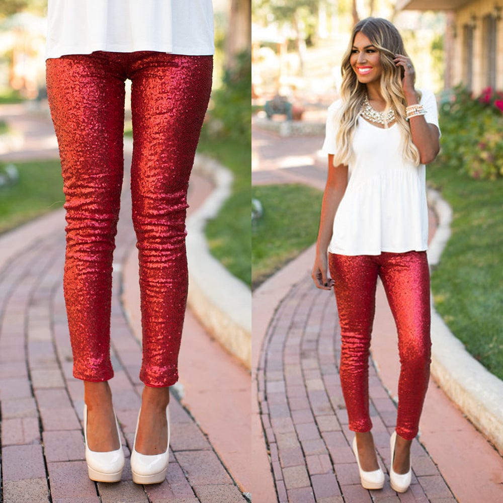 Z69324 Fashion Casual High Waist Sequins pants Fall Women Stretch Shiny Trousers