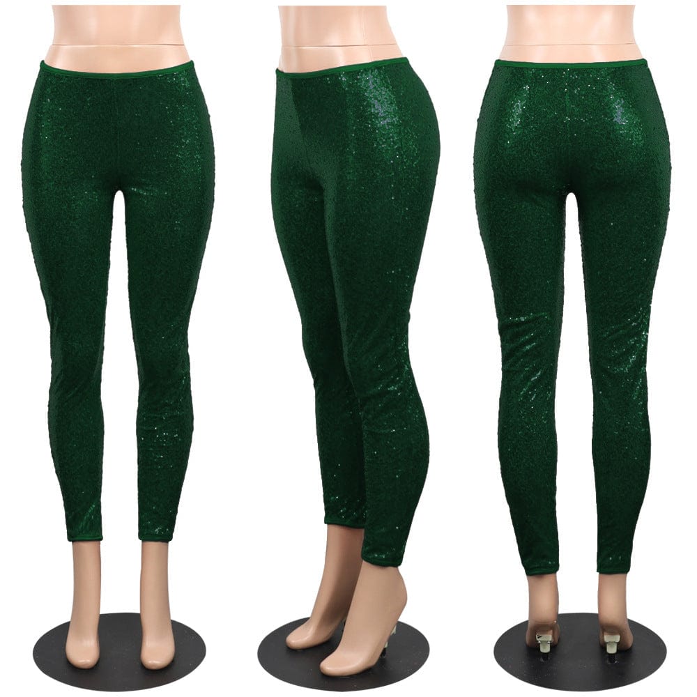 Z69324 Fashion Casual High Waist Sequins pants Fall Women Stretch Shiny Trousers