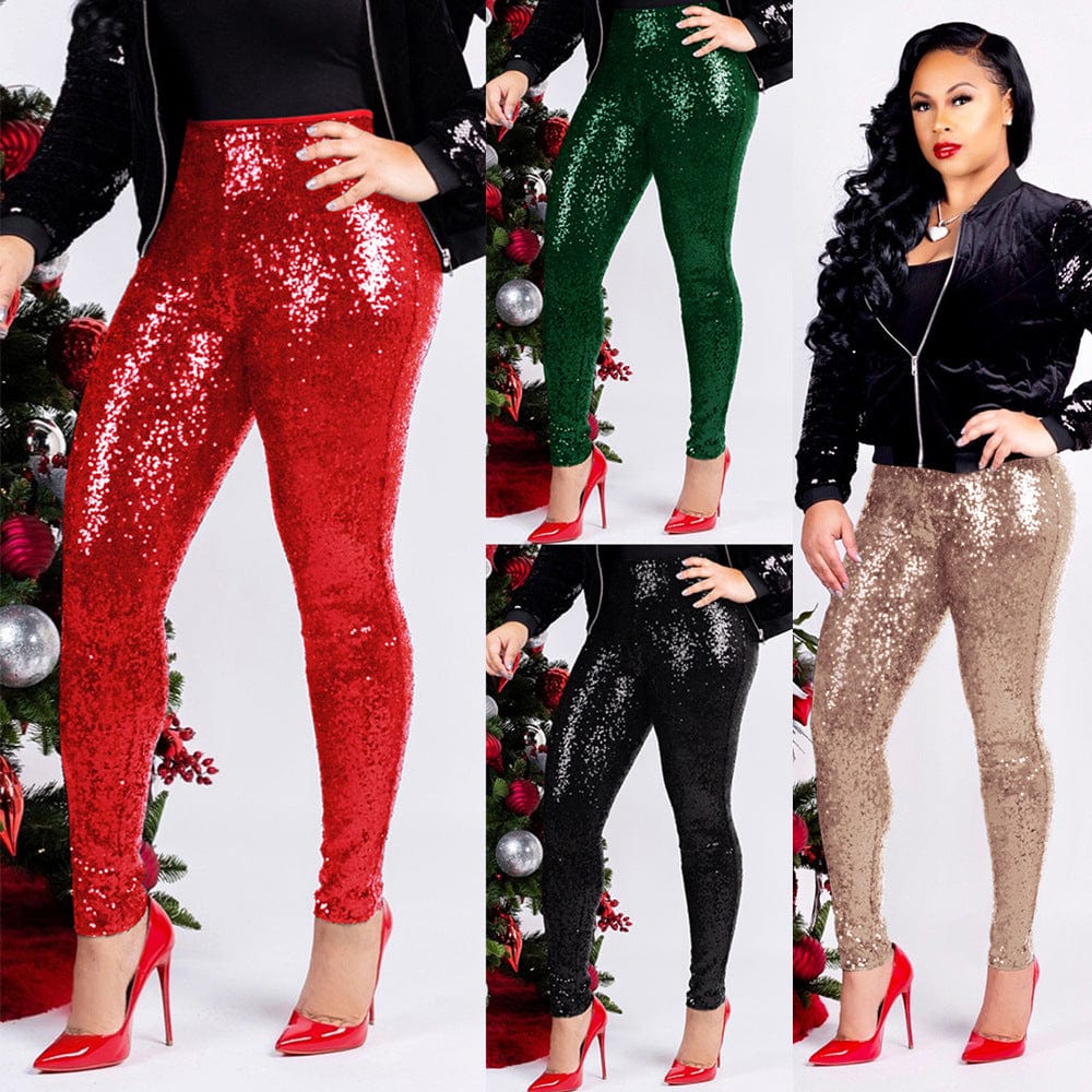 Z69324 Fashion Casual High Waist Sequins pants Fall Women Stretch Shiny Trousers