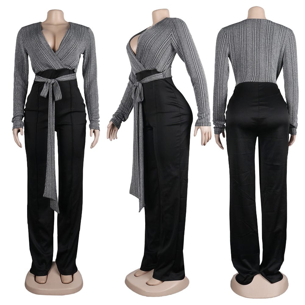 Z70687 Sexy long sleeve Patchwork Rompers Women V Neck elegant Stretch Jumpsuit