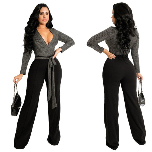 Z70687 Sexy long sleeve Patchwork Rompers Women V Neck elegant Stretch Jumpsuit