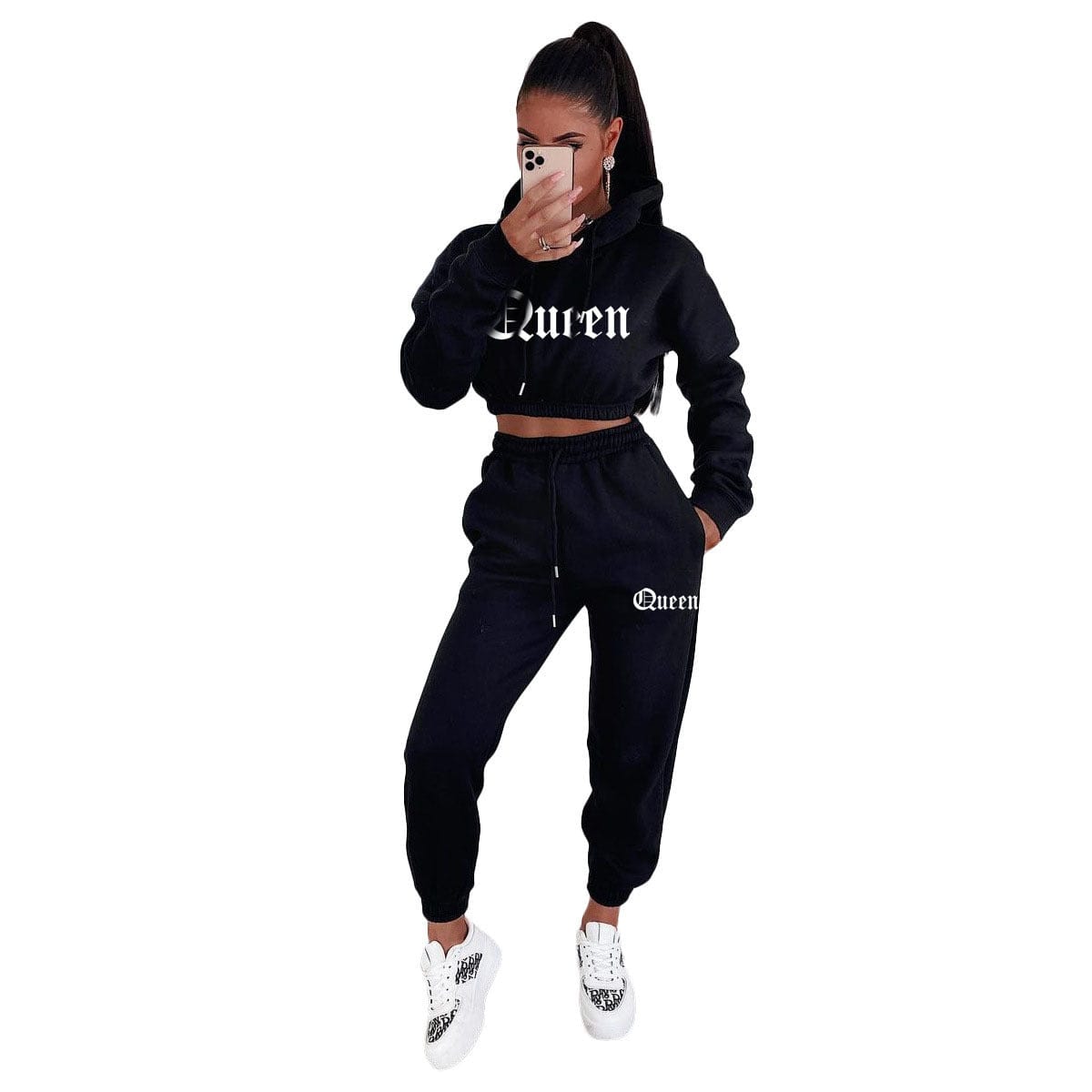 Z70796 Fall Fashion Letter Print Hooded Crop top women Casual two piece sweatpants set