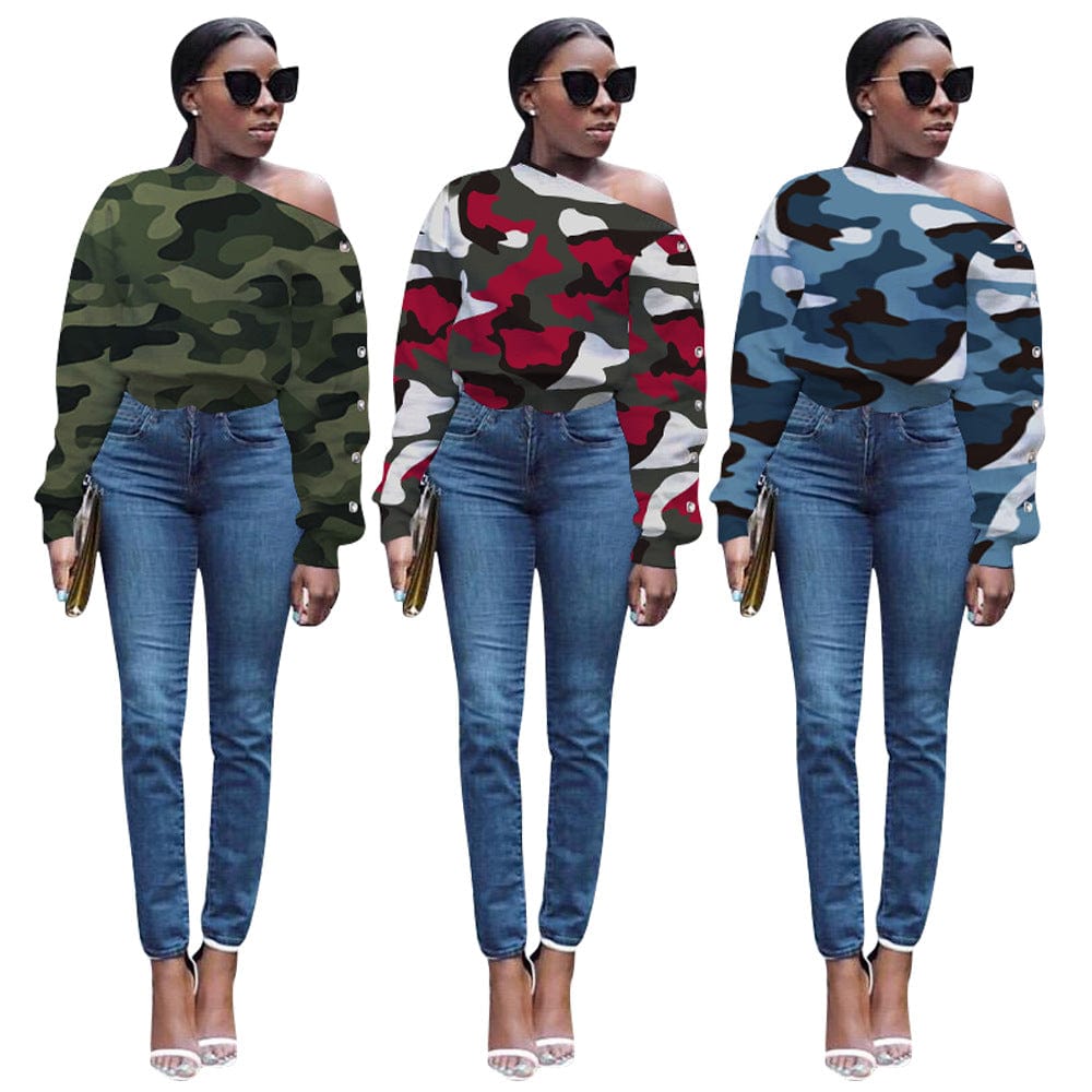 Z73408 Fashion Camouflage Print Long Sleeve top Casual women spring loose Skew Collar Off Shoulder T Shirts